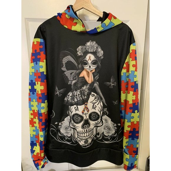 WOMEN'S XL SKULL Butterfly Girl Print HOODIE SWEATSHIRT OUTERWEAR BUTTERFLIES - Picture 3 of 7